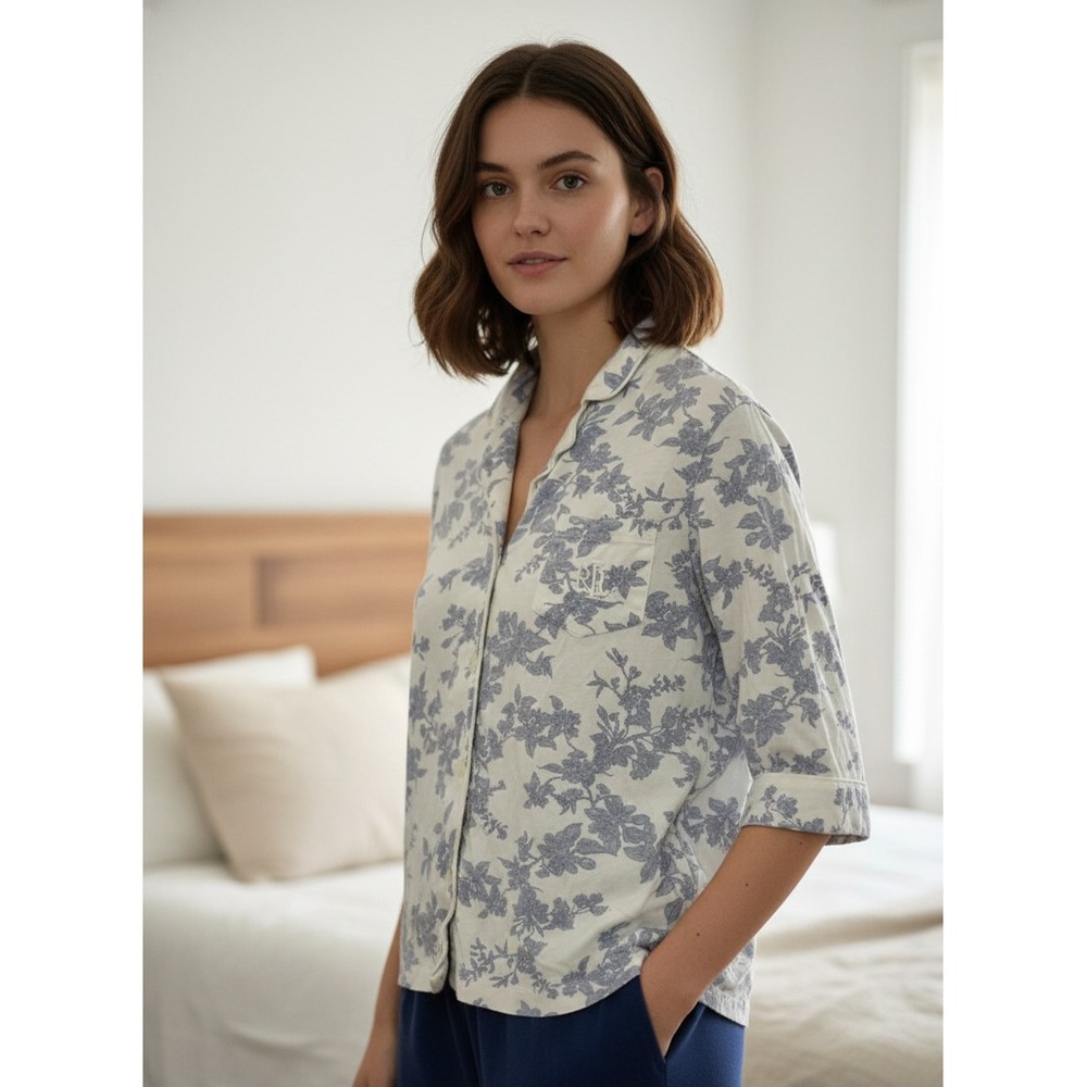Lauren Ralph Lauren Shirt Womens XS Petite White Lavender Floral Camp Collar‎